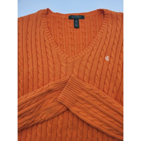 Lauren Ralph Lauren Sweaters - Lauren Ralph Lauren LG V Neck Cable Knit Sweater Tennis Preppy Academia Orange